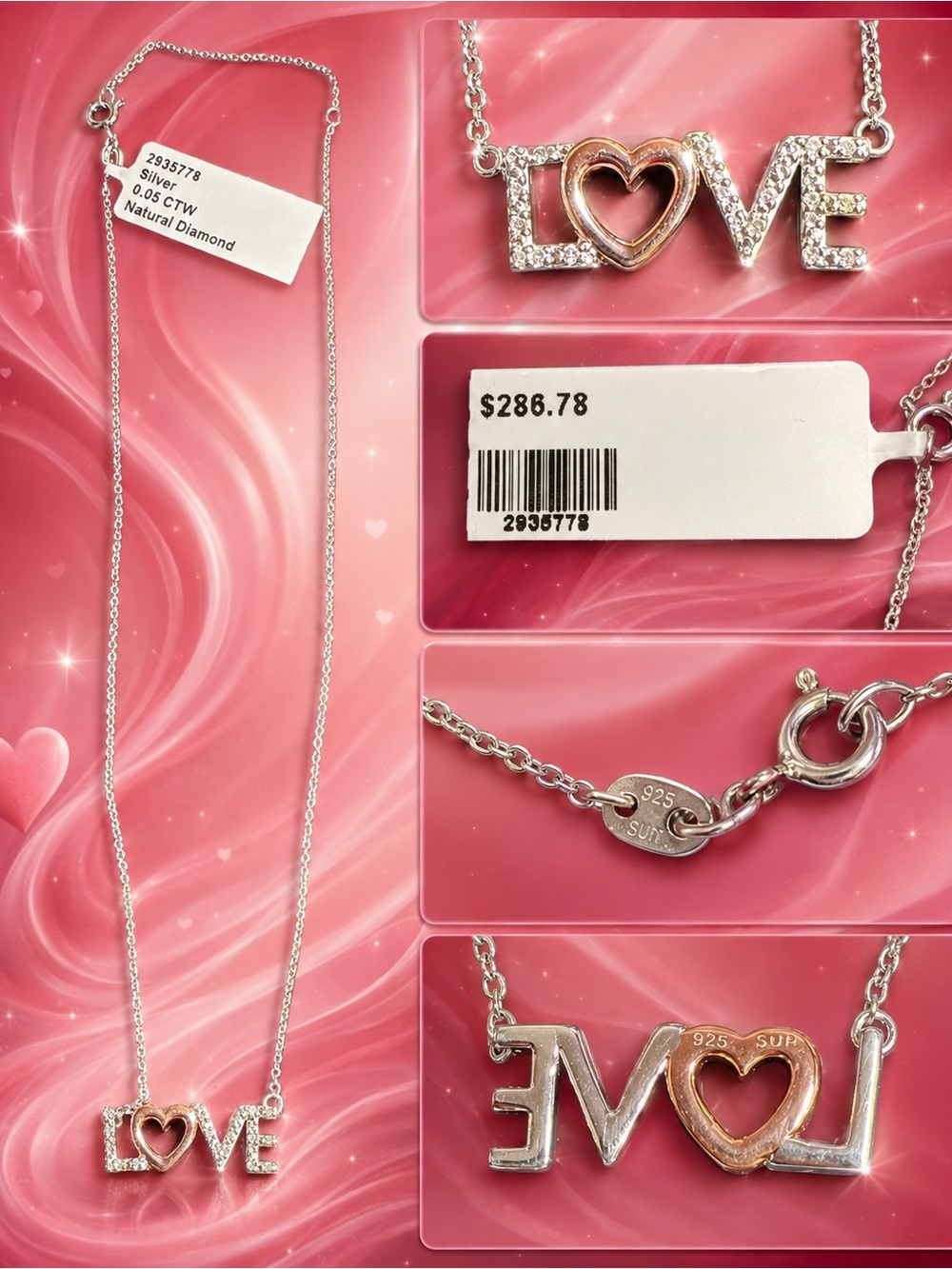 NEW Sterling Silver Natural Diamond LOVE Heart Necklace – 18”